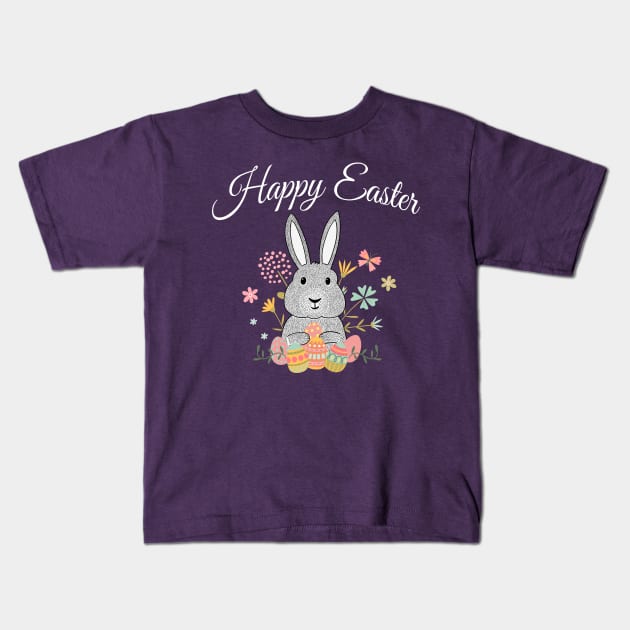 Happy Easter Bunny Rabbit Eggs Flowers Kids T-Shirt by letnothingstopyou